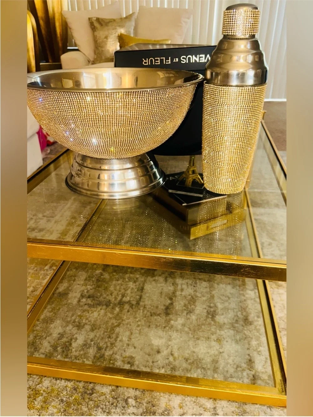 Gold Crystal-Embellished Martini Glasses and Champagne Bucket Set